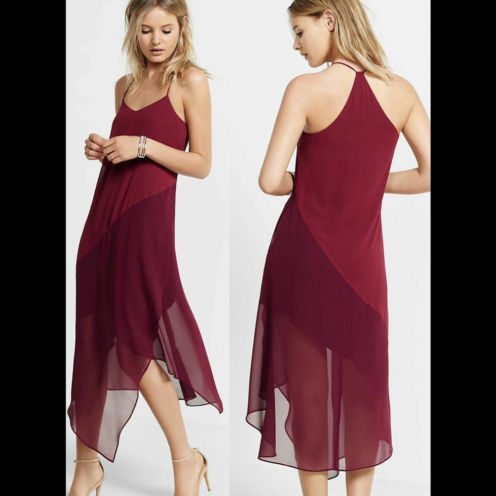 EXPRESS Asymmetrical Chiffon Slip Dress in Berry